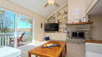 Smart TV, fireplace, books