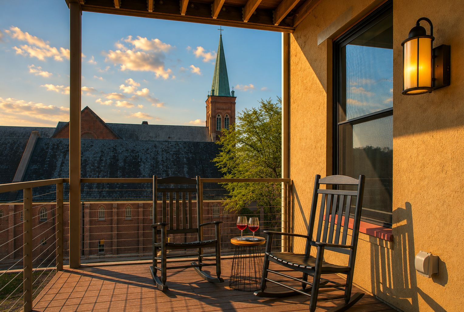 A balcony with two rocking chairs, a small table with wine glasses, and a view of a church steeple.