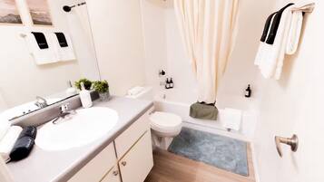 Hair dryer, towels, soap, toilet paper