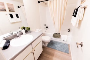 Hair dryer, towels, soap, toilet paper