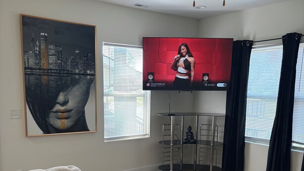 Een woonkamer met een witte bank, een zwart vloerkleed, een televisie en een schilderij van een stadsgezicht.