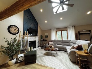 Smart TV, fireplace, video games, DVD player