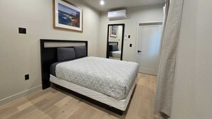 Une chambre à coucher avec un lit, un tableau encadré au mur, un appareil de climatisation et une porte.