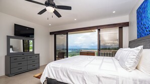 Een slaapkamer met een groot bed, een plafondventilator, een televisie op een dressoir en uitzicht op de omgeving.