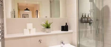 Shower, hair dryer, towels