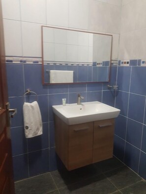 Habitación doble Deluxe | Baño | Regadera, pantuflas, toallas, jabón