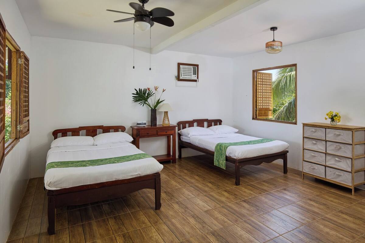A room with two wooden beds, a ceiling fan, a small table with a plant, a wall-mounted air conditioner, a window with a view of greenery, and a wooden cabinet with drawers.