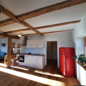 Een koelkast, een oven, een kookplaat, een vaatwasser