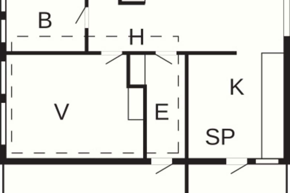 Ein Grundriss mit den beschrifteten Räumen V, B, H, E, K, SP und TE.