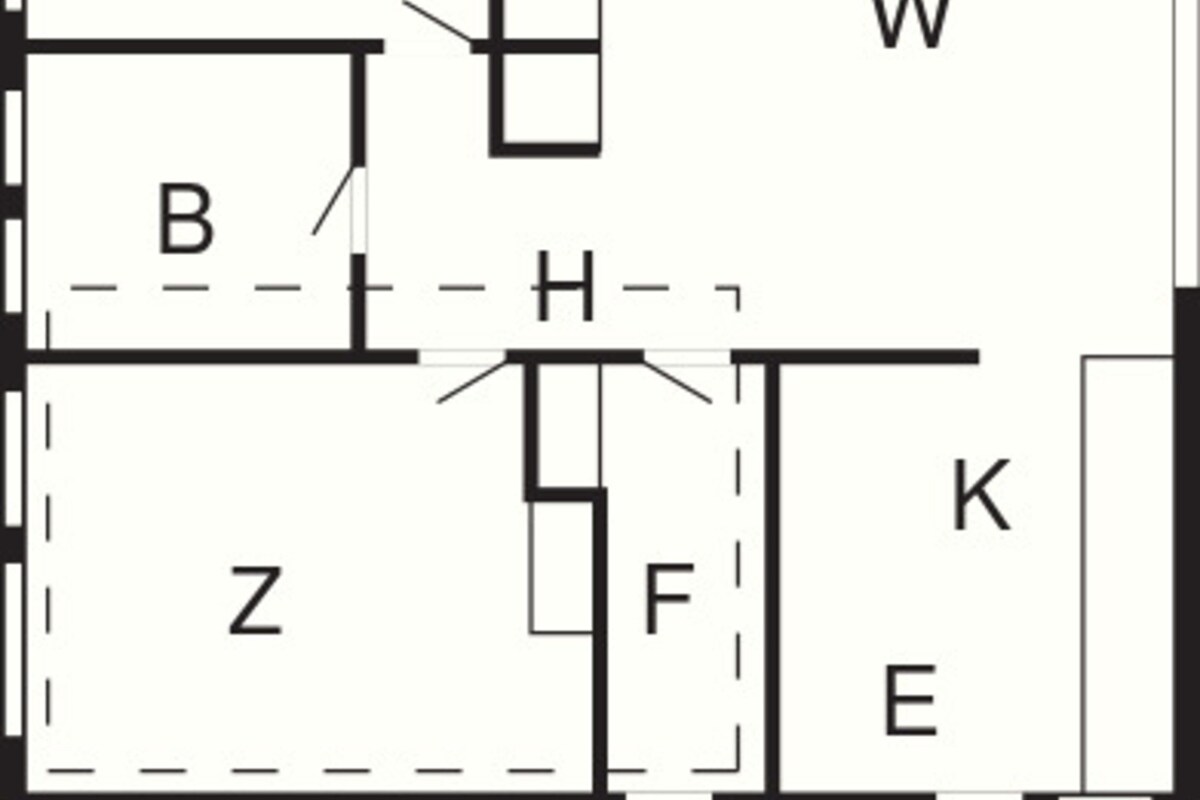Ein Grundriss mit beschrifteten Räumen Z, B, H, F, K und E sowie einem zentralen Flur.