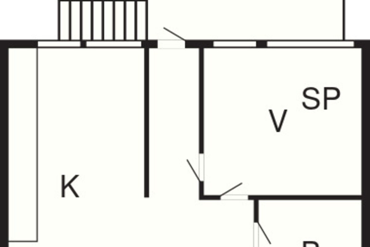 Grundriss mit beschrifteten Räumen: K, O, V, SP und B.