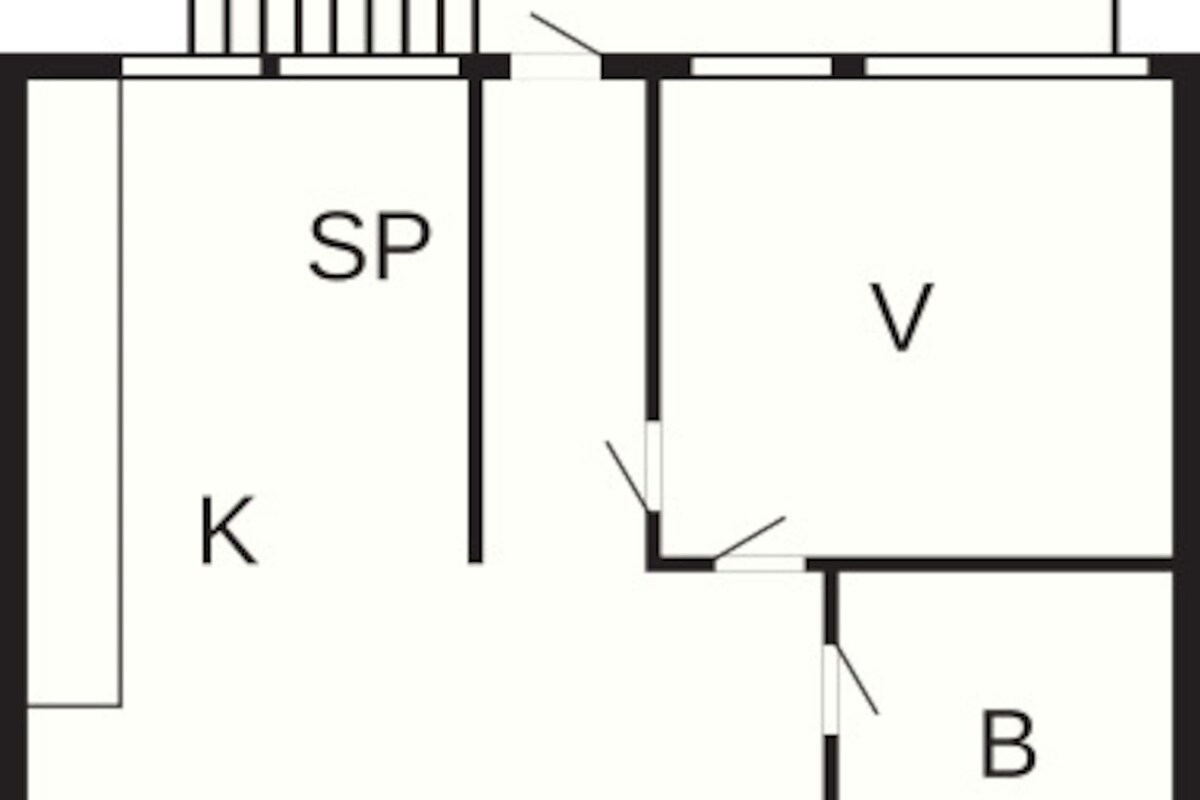 Ein Grundriss mit den gekennzeichneten Räumen SP, K, V, B und O.