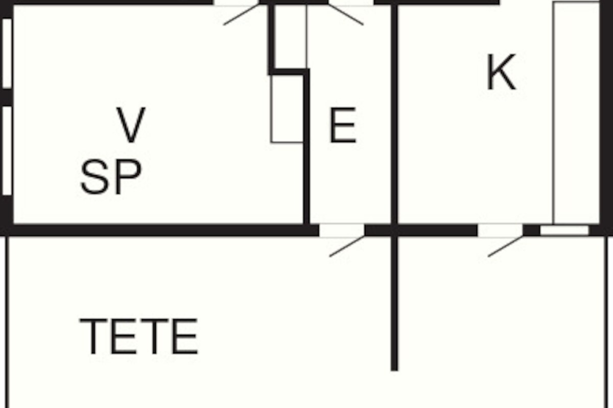 Ein Grundriss mit den beschrifteten Räumen B, V, SP, E, K, O und TETE.