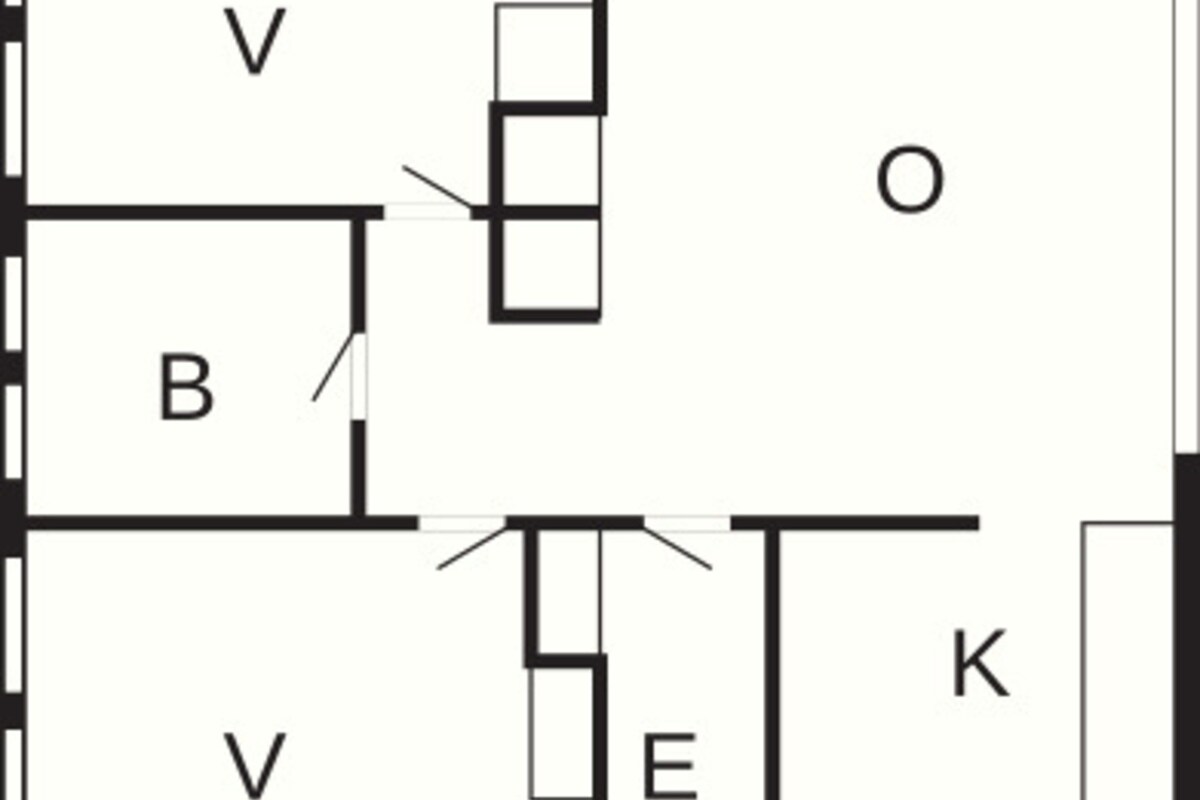 A floor plan with two bedrooms (B and V), a bathroom (O), a kitchen (K), a living area (SP), and two toilets (TE).
