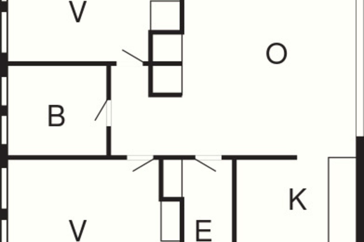 Ein Grundriss mit beschrifteten Räumen V, B, SP, E, K und TETE.