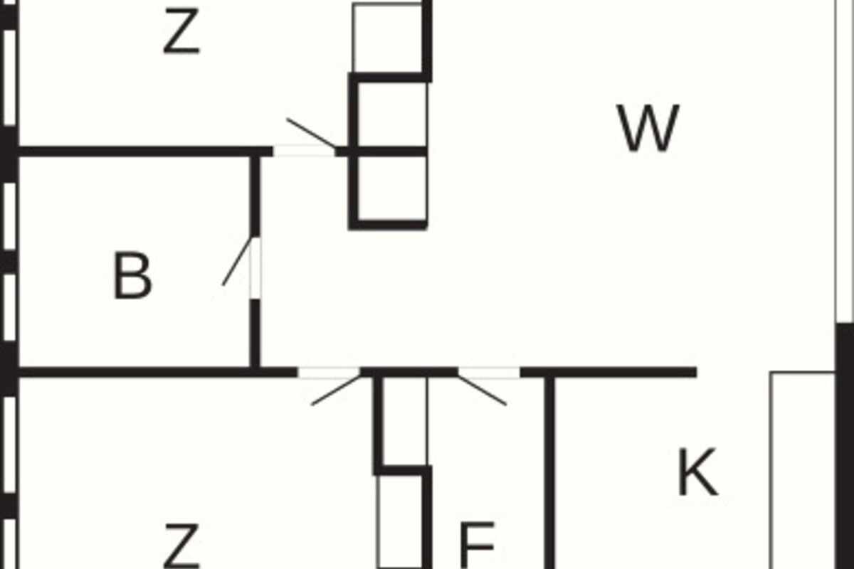 Ein Grundriss mit den beschrifteten Räumen Z, B, W, F, K, E und zwei TE Bereichen.