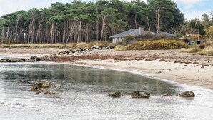 En ejendom ved kysten med strand, hus og skov.