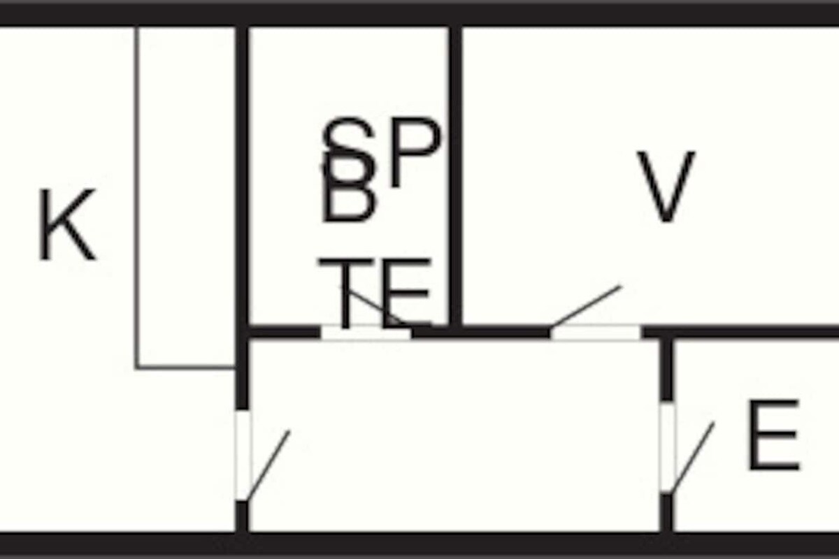 A floor plan with labeled rooms O, K, BP, TE, V, and E.