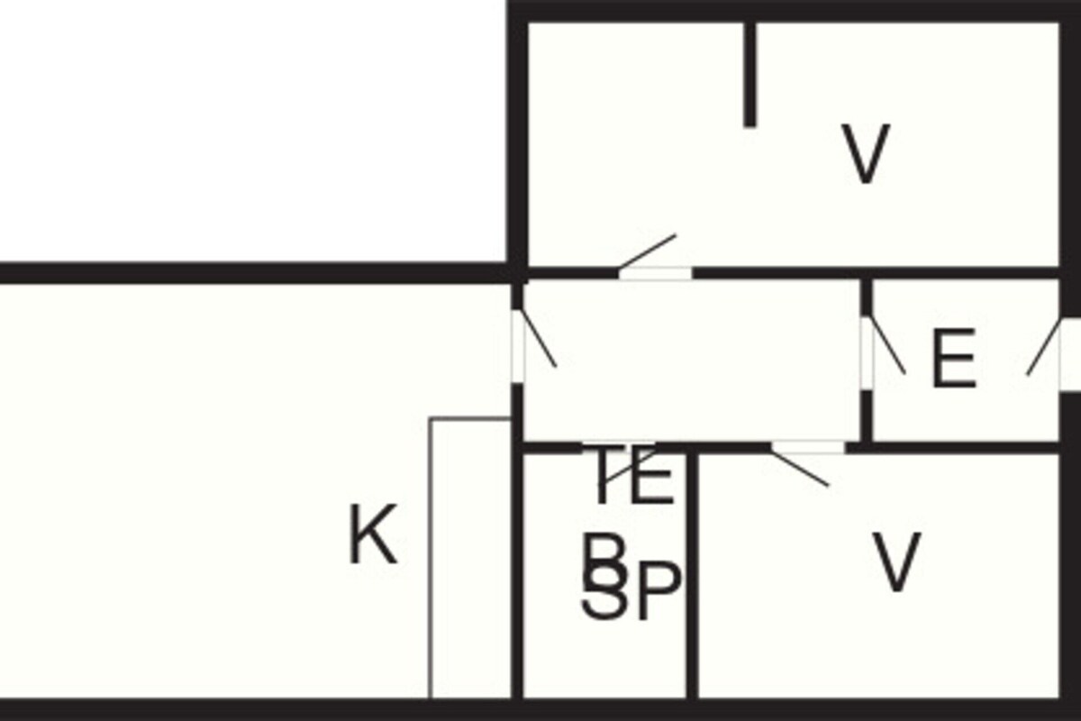 A floor plan with labeled rooms O, K, V, E, and B.