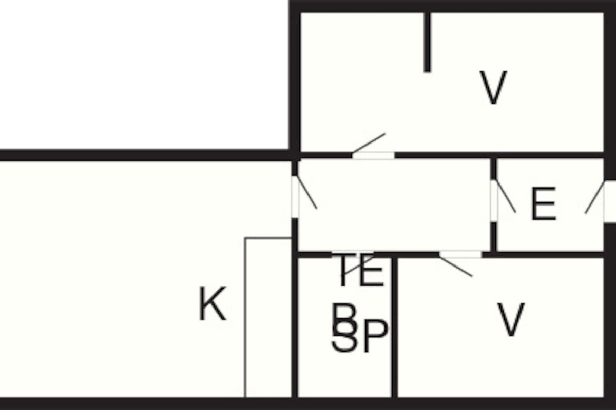 A floor plan with labeled rooms O, K, V, E, and B.