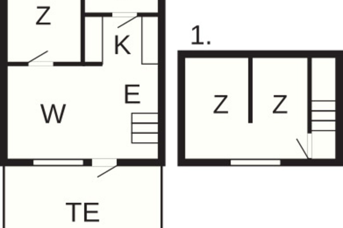 Un plan d’étage indiquant les différentes pièces, identifiées par les lettres Z, W, E, B, K et TE.