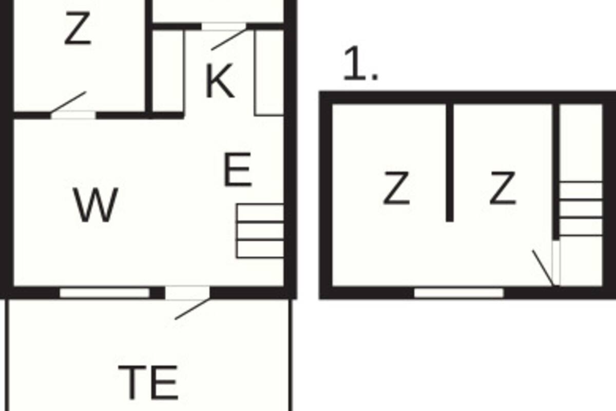 Ein Grundriss mit den gekennzeichneten Räumen Z, W, E, B, K und TE.