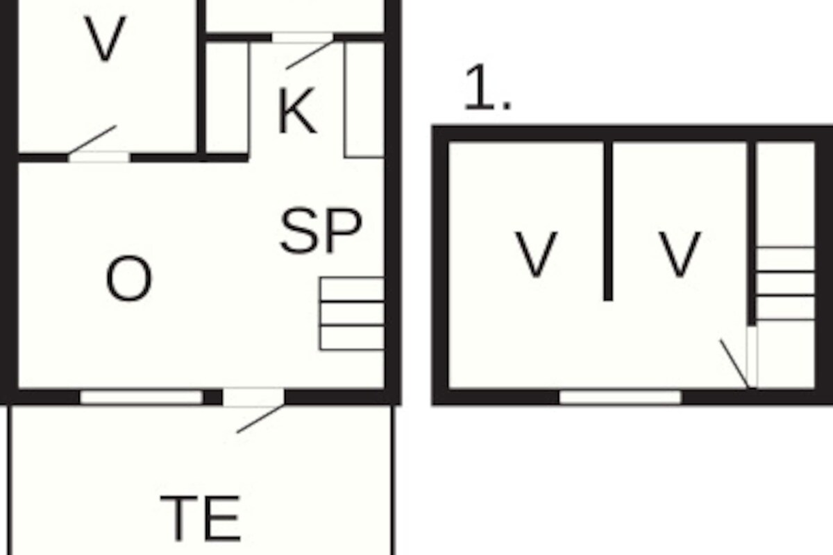 Un plan d’étage d’hôtel avec deux chambres étiquetées «V» et une chambre plus grande étiquetée «O».