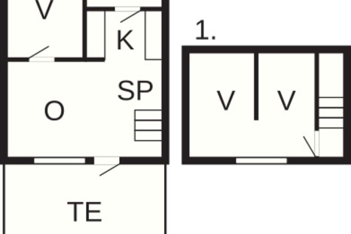 Plànol que mostra dues habitacions identificades com 'V' i 'B', una habitació 'K' i una habitació 'SP'.