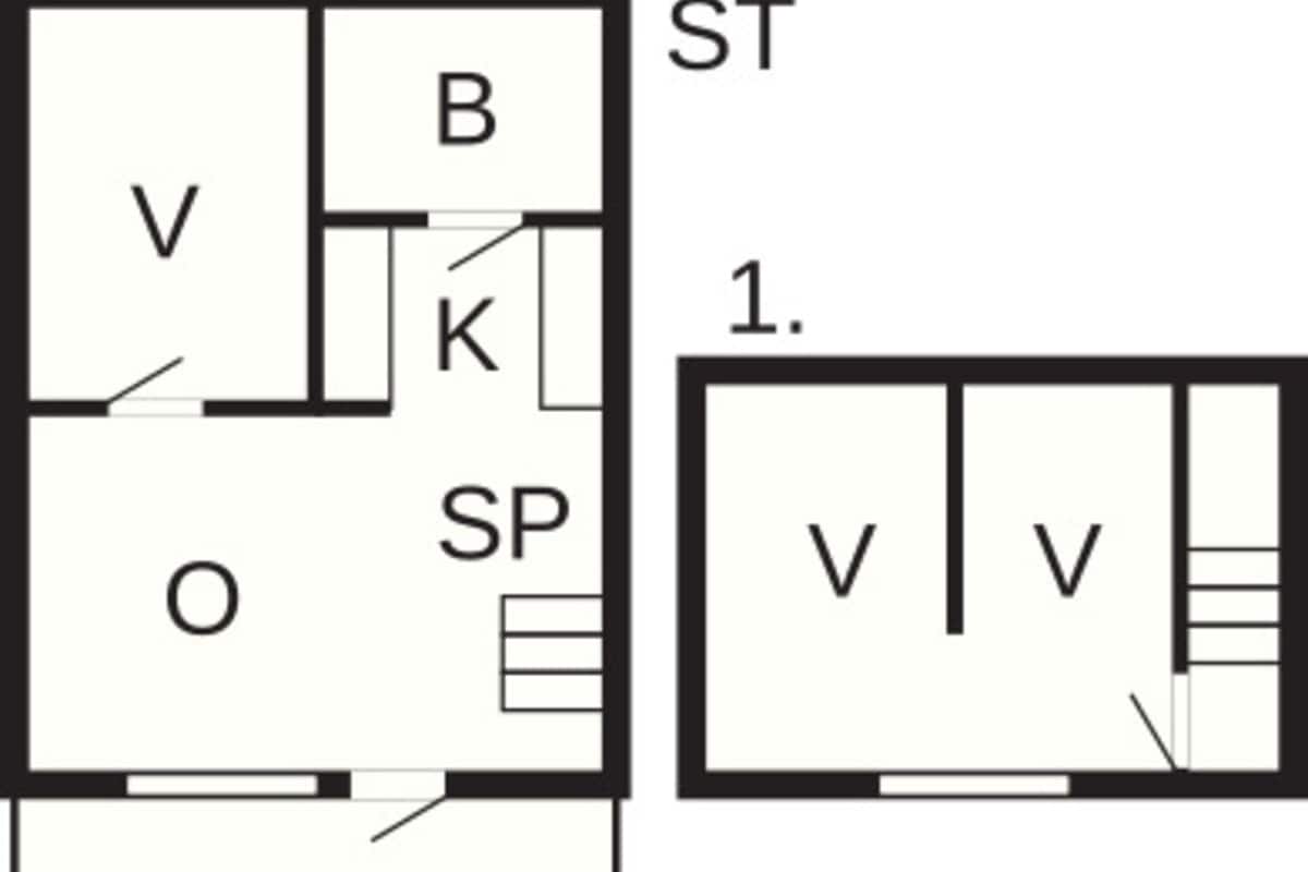 Ein Grundriss mit zwei Räumen, die mit 'V' und 'B' beschriftet sind, sowie einem Raum 'K' und einem 'SP'-Raum.