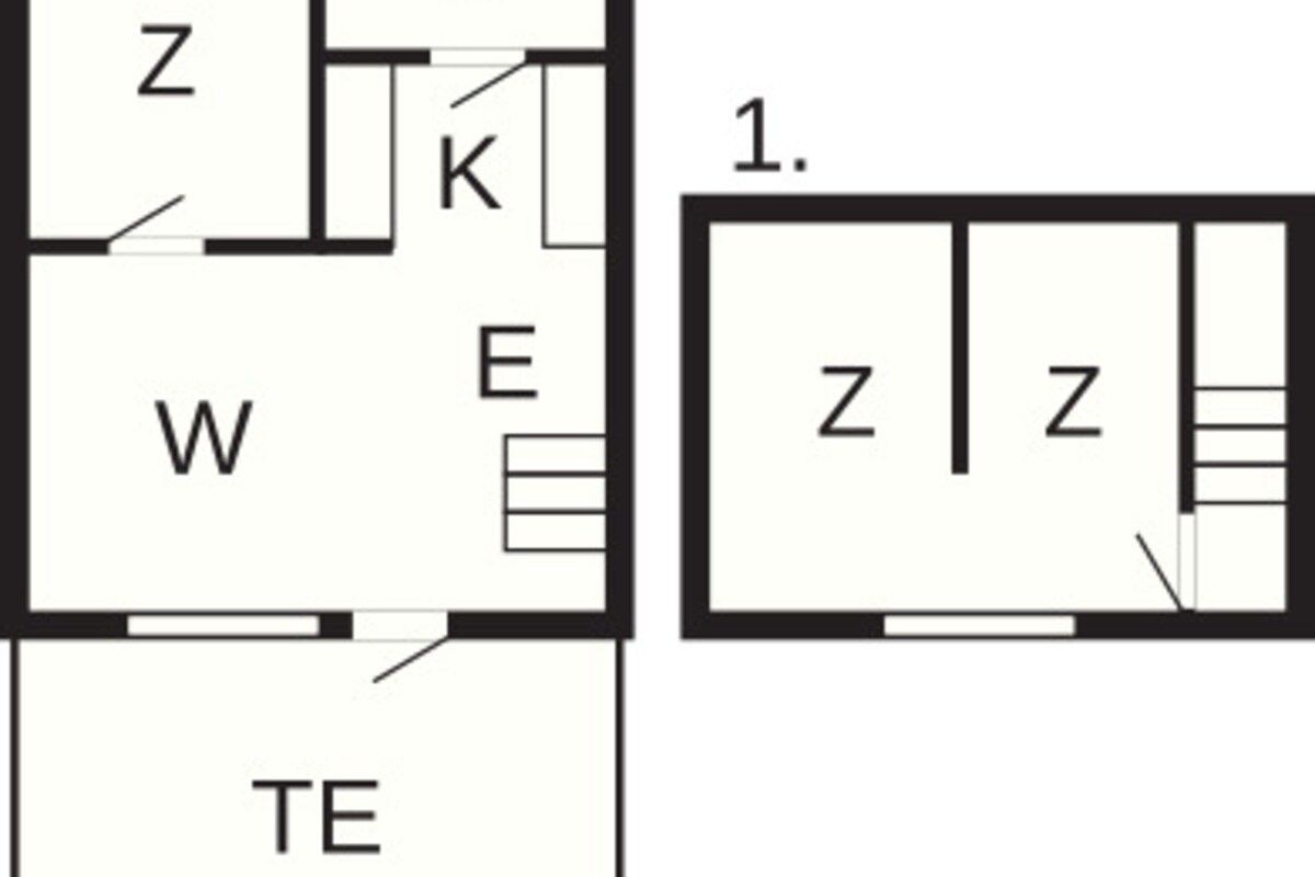 Un plan d’étage indiquant les différentes pièces, identifiées par les lettres Z, W, E, B, K et TE.