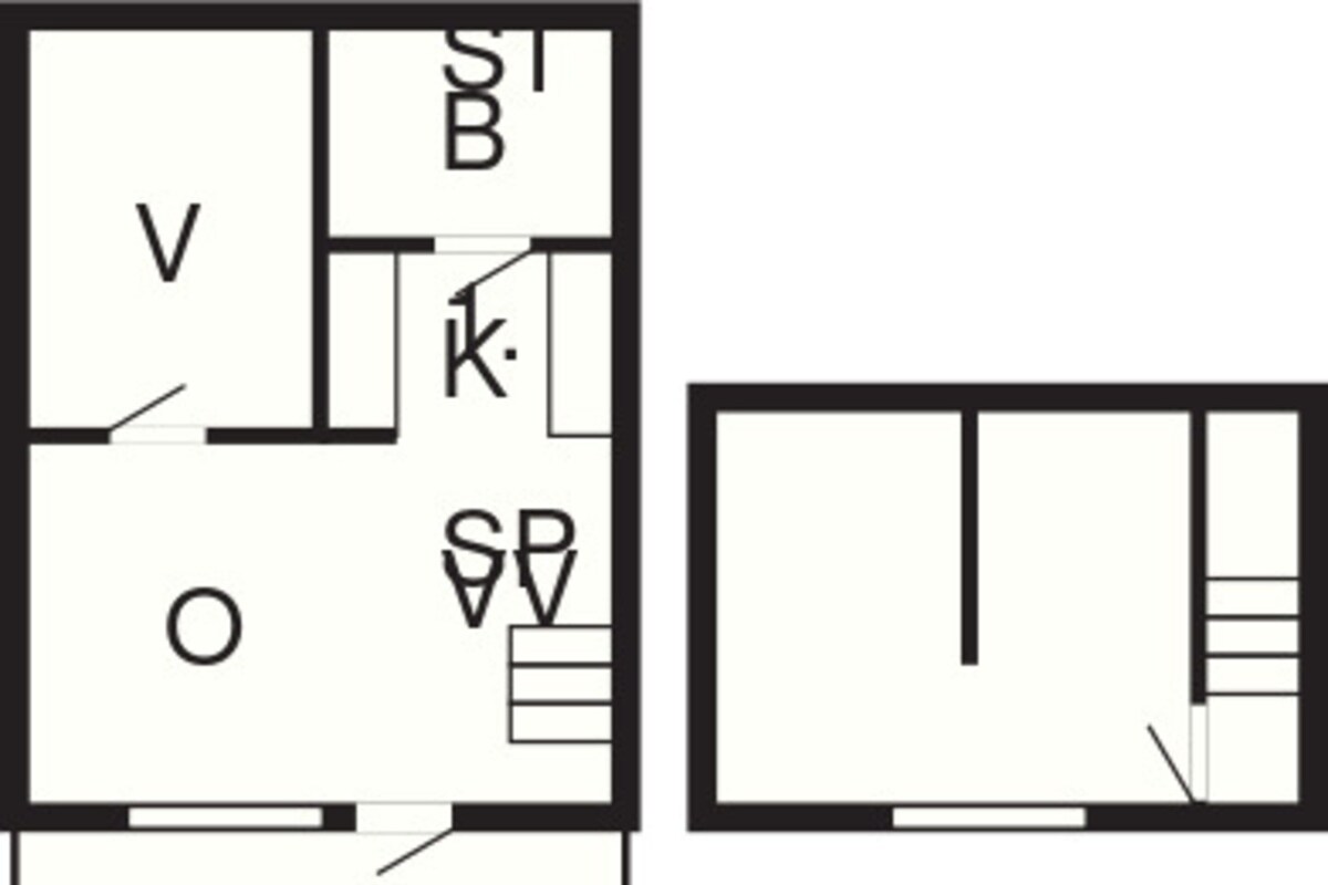 Een plattegrond met de aangeduide kamers V, O, TE en een badkamerruimte met een douche (SP).