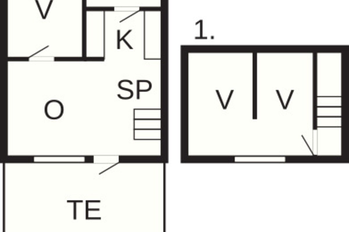 Un plan d’étage comprenant deux pièces étiquetées « V » et « B », une pièce « K » et une pièce « SP ».
