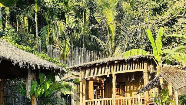 A traditional wooden house with a thatched roof, surrounded by lush greenery and palm trees. - Senbo Eco Resort Cox's Bazar (Cox's Bazar)