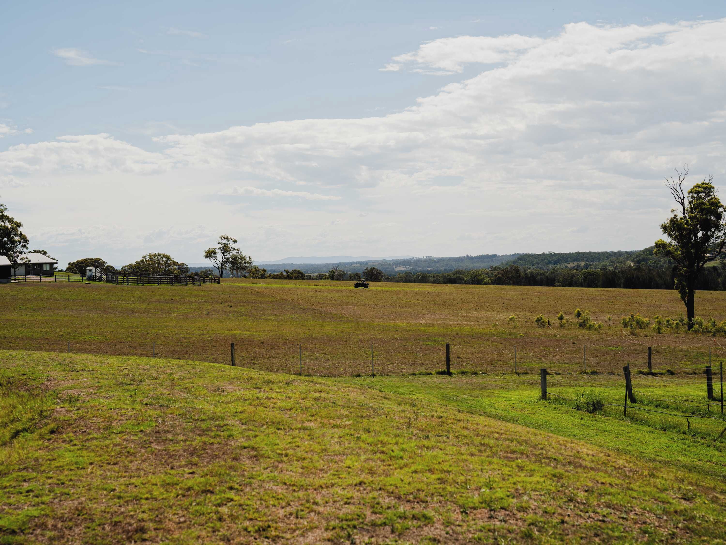 Ländliche Landschaft mit einem eingezäunten Feld, einem entfernten Fahrzeug und einem Haus.