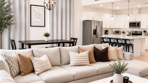 Una sala moderna con un sofá modular, un comedor y una cocina.