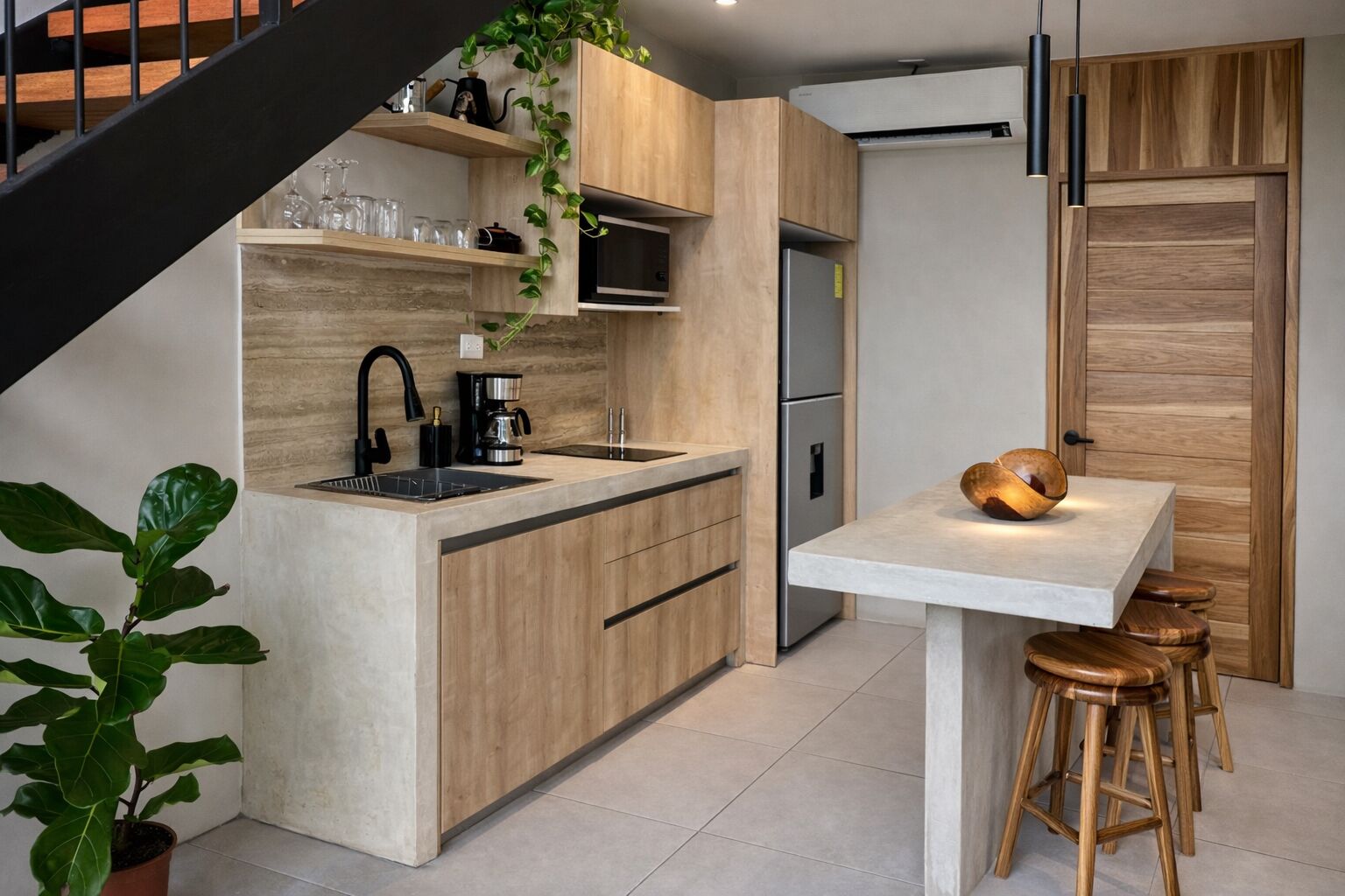 Mikrowelle, Herdplatte, Wasserkocher mit Kaffee-/Teezubehör