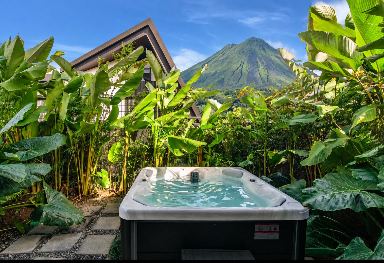 A hot tub surrounded by lush tropical plants with a mountain in the background.