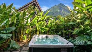 A hot tub surrounded by lush tropical plants with a mountain in the background.