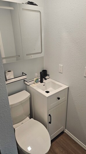 Shower, hair dryer, towels, toilet paper