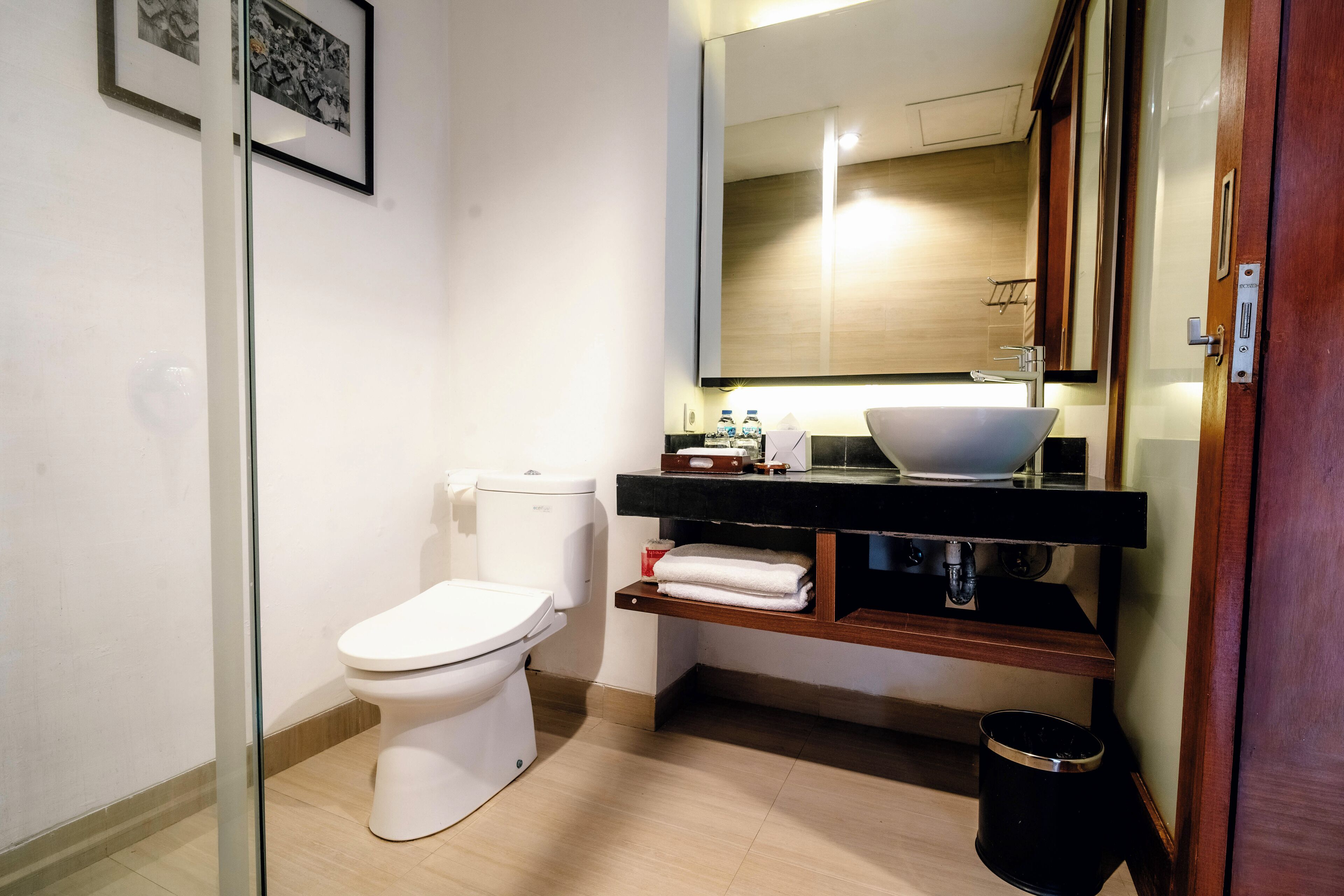 Shower, hydromassage showerhead, bidet, towels