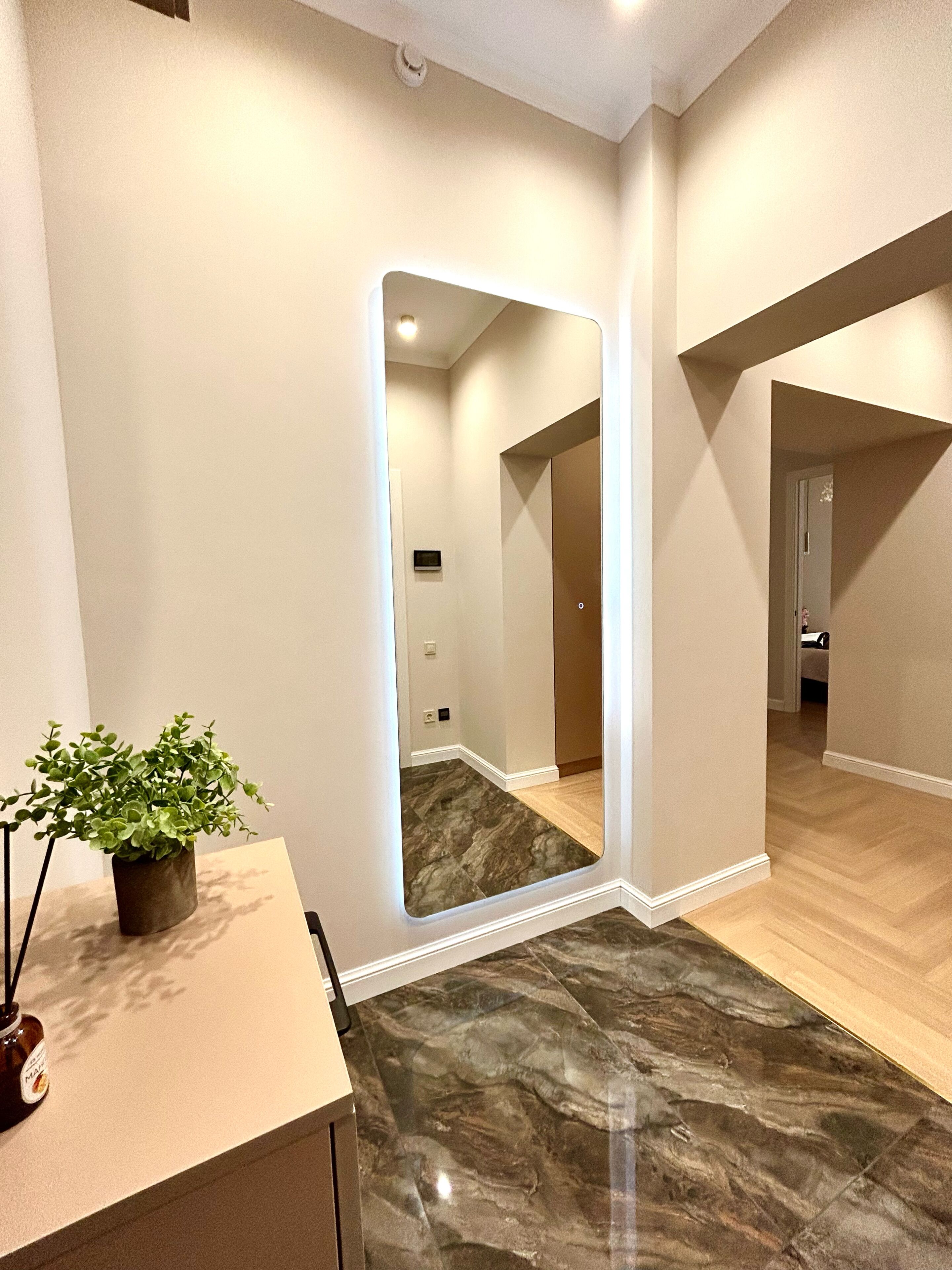 Una habitación con un espejo grande, una planta en maceta y un suelo de mármol.