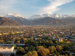 A town with a view of snow-capped mountains in the background. - Business Aparts near MEGA Almaty (Almaty)