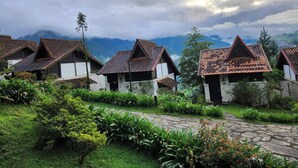 A row of traditional houses with tiled roofs and stone walls, surrounded by lush greenery and a stone pathway.