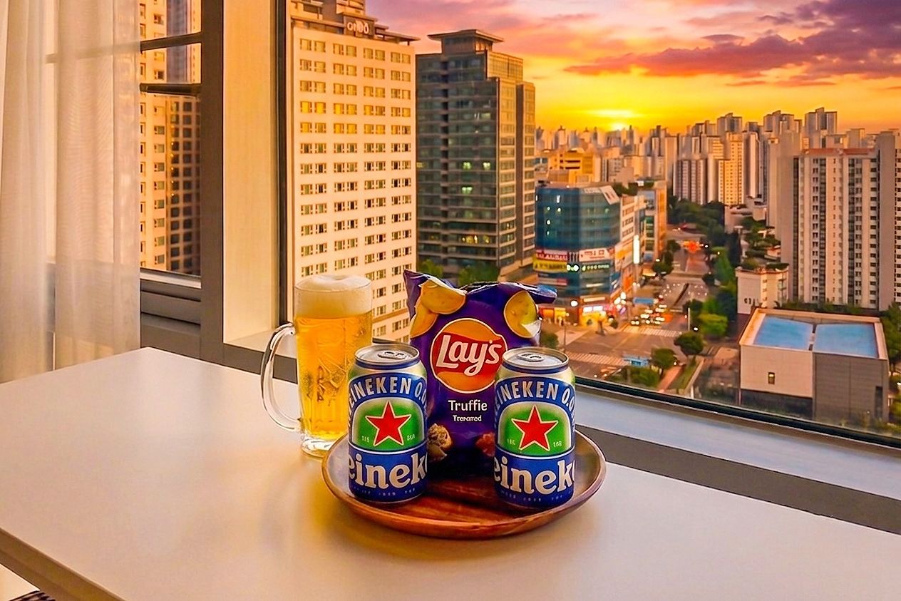 A table with two cans of Heineken beer, a glass of beer, and a bag of Lay's Truffle potato chips.