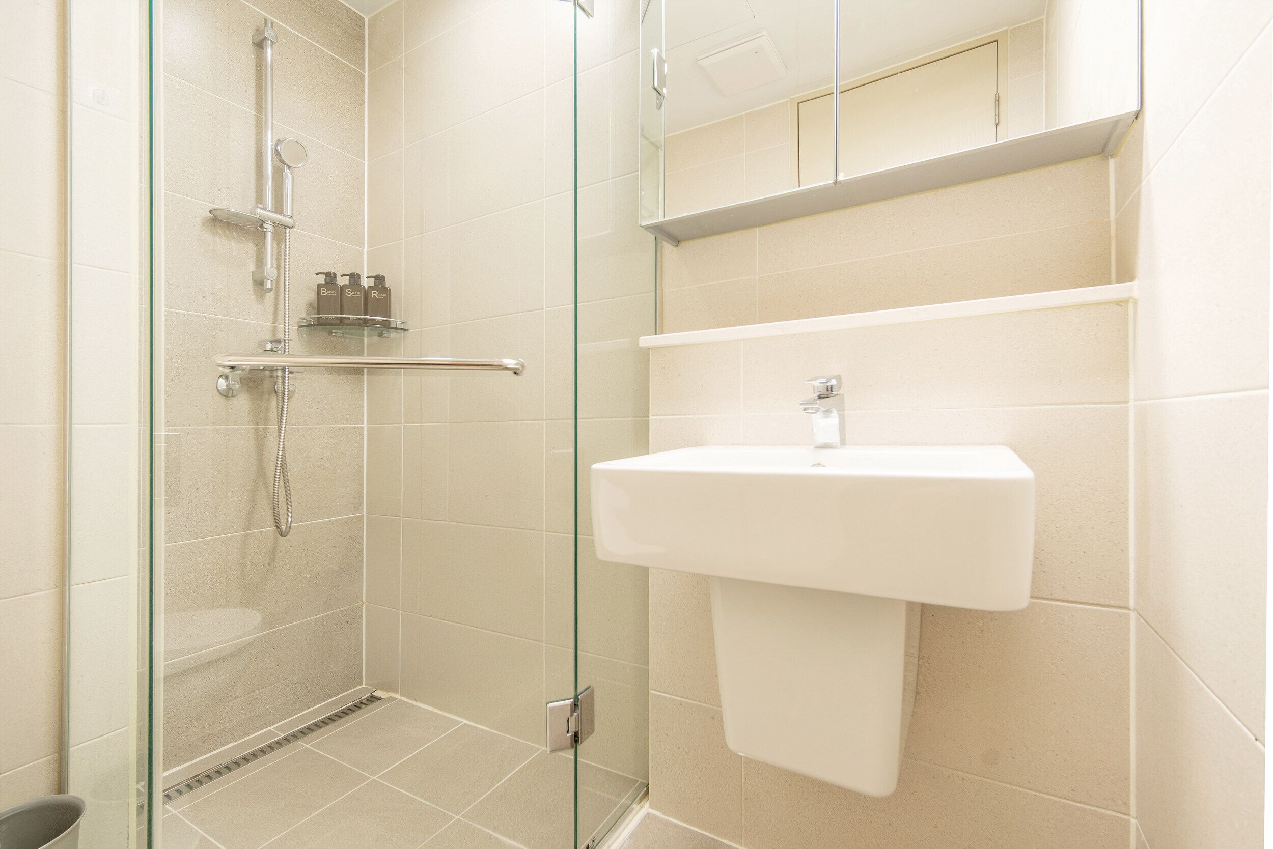 A bathroom with a glass shower enclosure, a sink, and a mirror above the mirror cabinet.