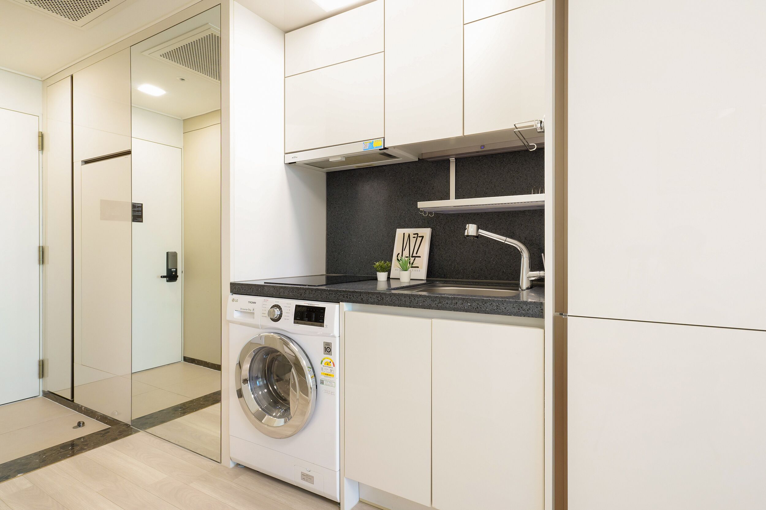 A modern kitchen with a built-in washer, a sink, and a small potted plant.