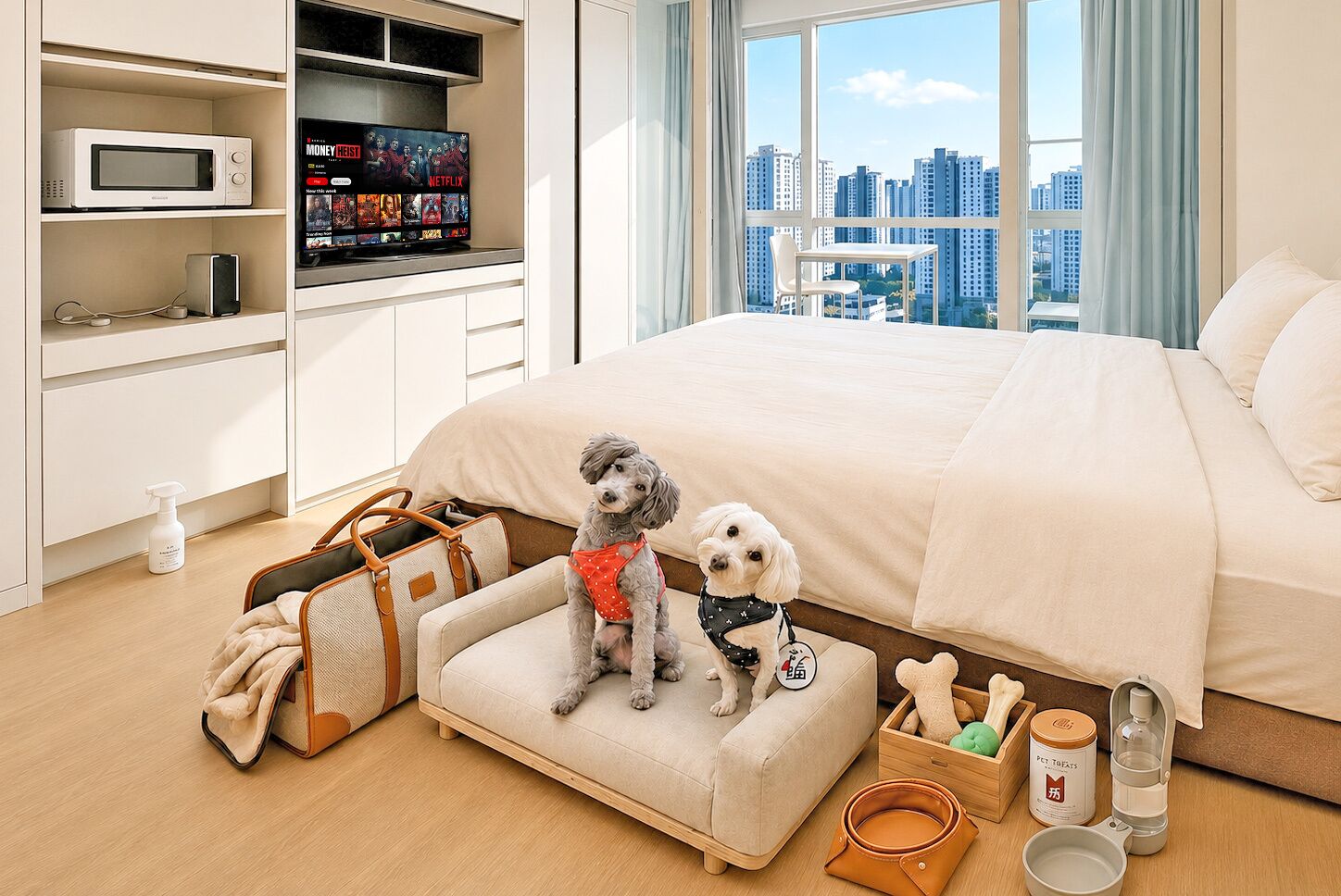 Habitación de hotel con una cama grande, un televisor en un estante, vistas a la ciudad y dos perros en un sofá.