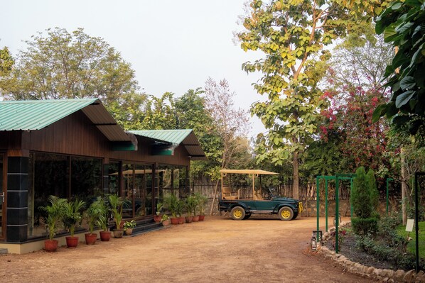 A building with a green roof, surrounded by potted plants and trees.