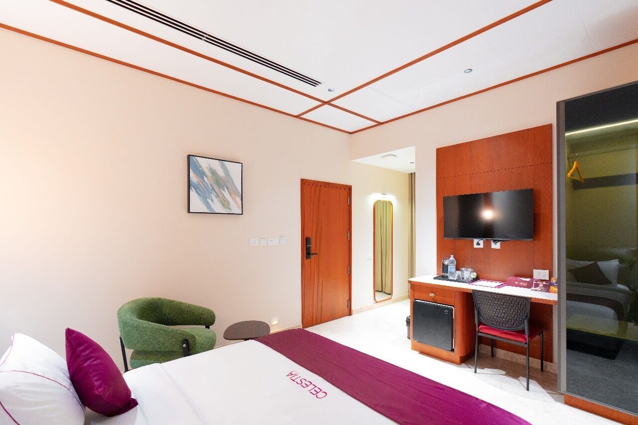 Habitación de hotel con cama, escritorio, silla, televisor y espejo.