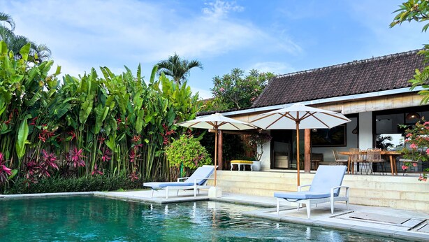 Un espace piscine agrémenté de chaises longues et de parasols, entouré d’une végétation luxuriante et bordé d’un bâtiment dont le toit est recouvert de tuiles.